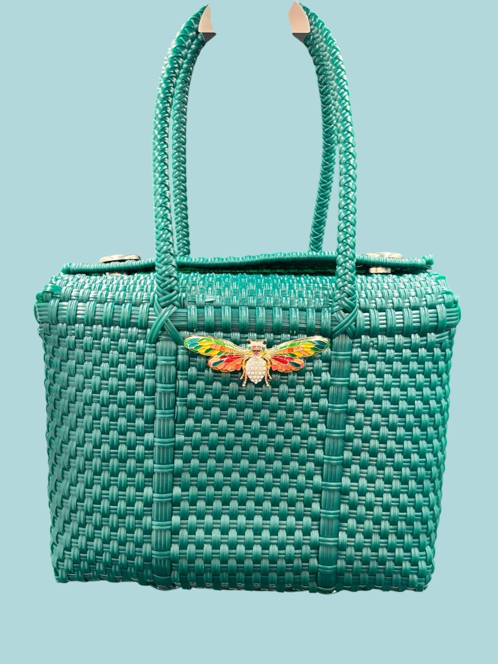 Emerald Green Woven Basket Handbag with Colorful Moth Accent
